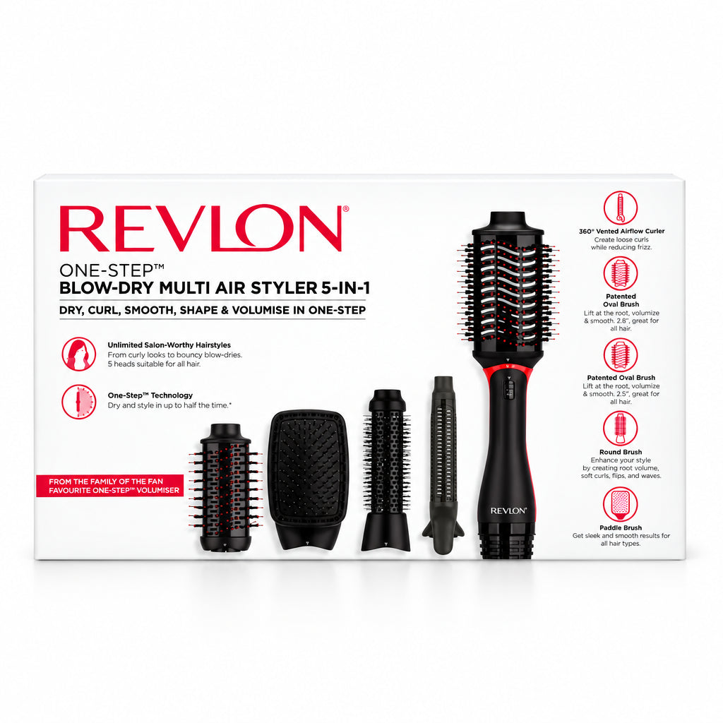 Empaque Revlon One-Step Blow-Dry Multi Air Styler 5-in-1 con cinco cabezales para secar, rizar, alisar y dar volumen en Panama.