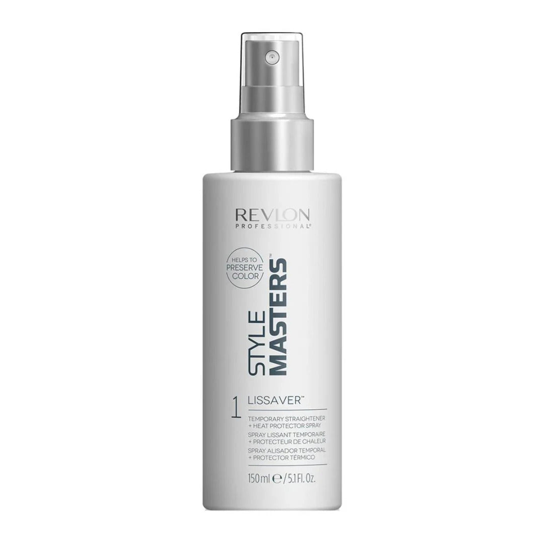 Spray protector térmico y alisador Revlon Style Masters Lissaver de 150ml en envase con atomizador sobre un fondo blanco Majo Belleza Panamá