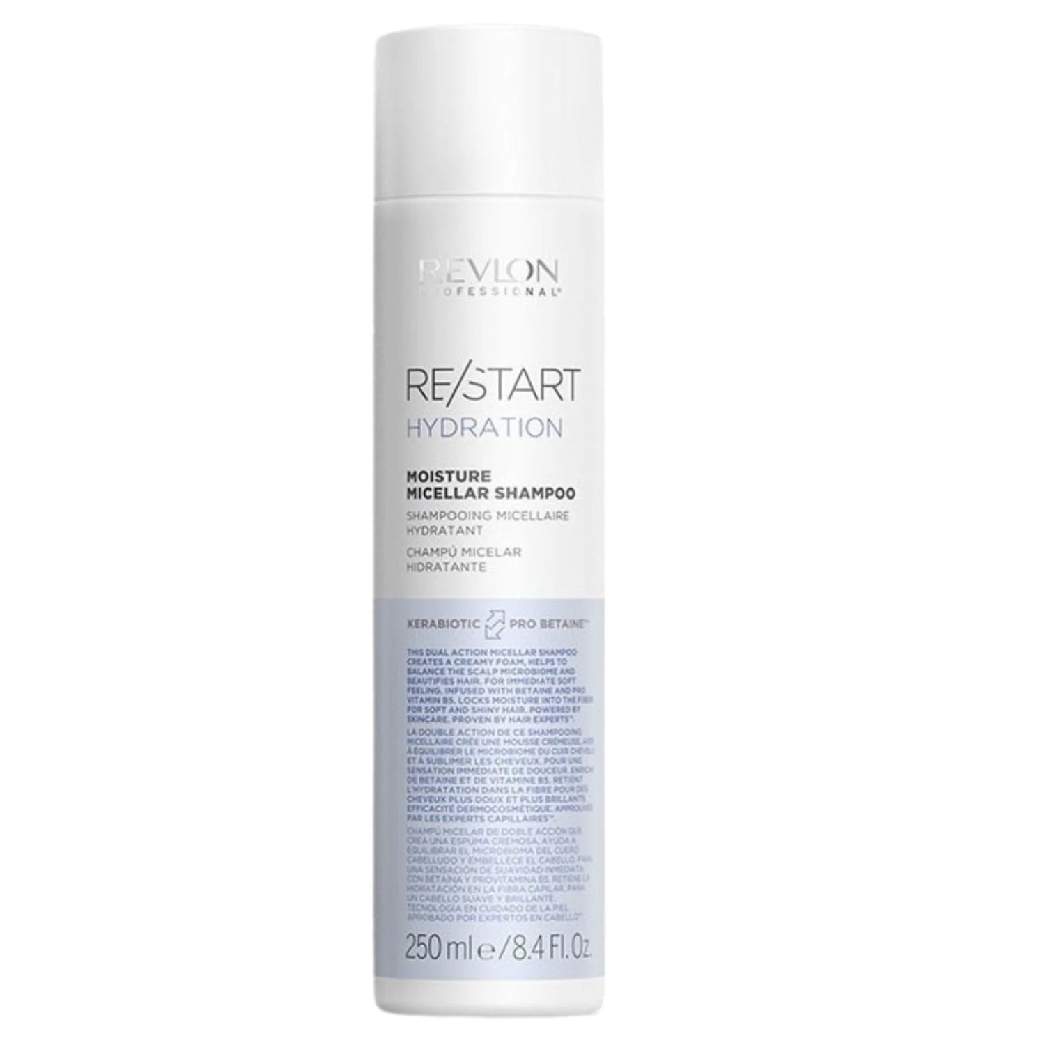 Shampoo hidratante micelar Revlon Restart Hydration 250ml pantenol betaína KERABIOTIC microbioma capilar Panamá
