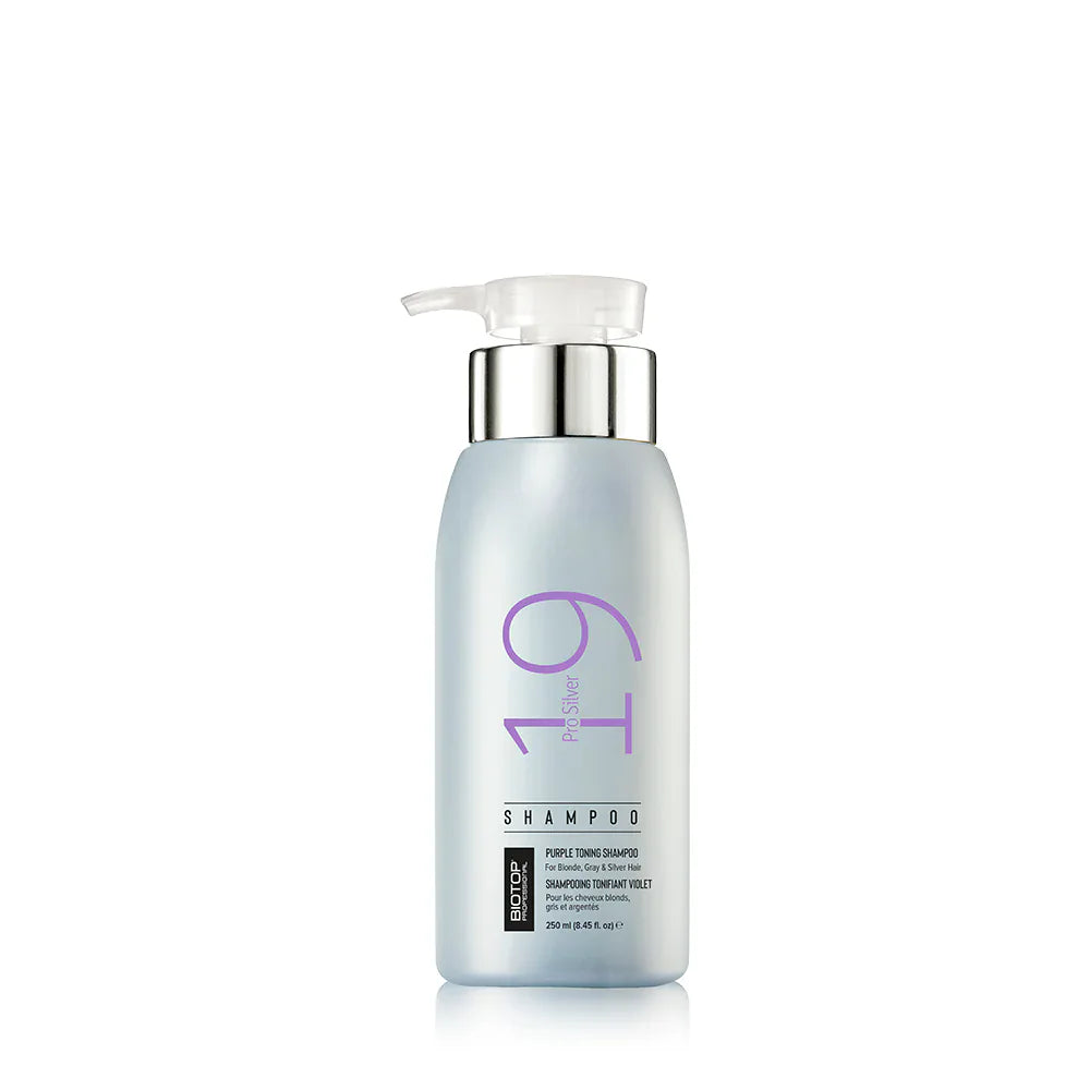Shampoo Matizador Biotop 19 Pro Silver 250ml, neutraliza tonos amarillos en rubios, grises y platinados, Majo Belleza Panamá