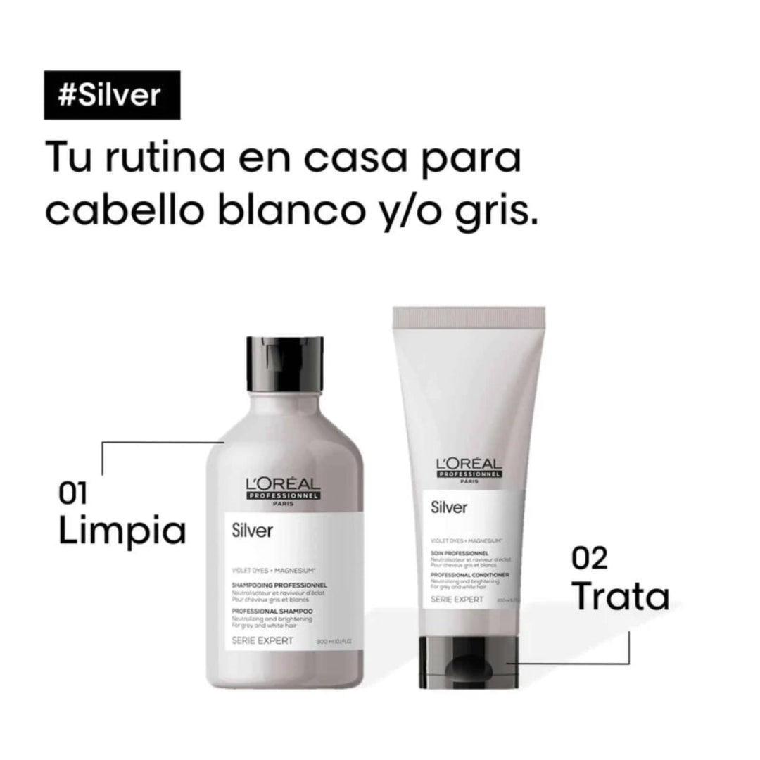 Loreal Professionnel Silver Shampoo y Conditioner Serie Expert — neutraliza tonos amarillos no deseados brillo intenso cabello blanco gris Panama