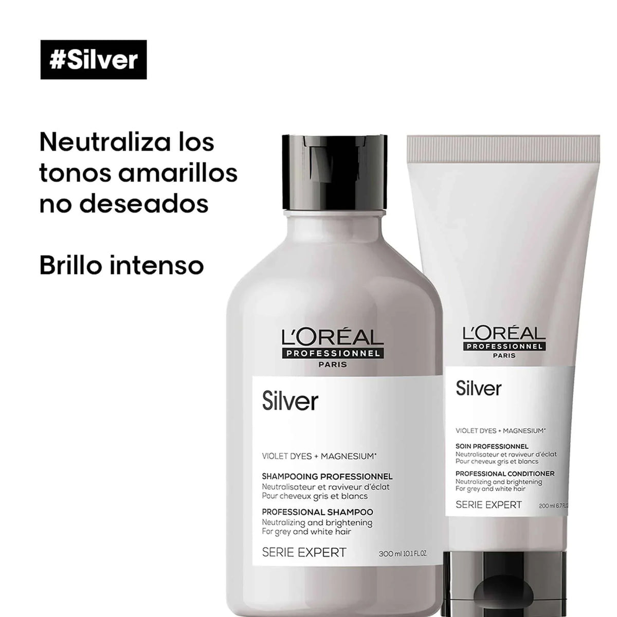 Rutina Silver Loreal Professionnel — Silver Shampoo 300ml y Silver Conditioner 200ml para cabello blanco y gris Serie Expert Majo Belleza Panama