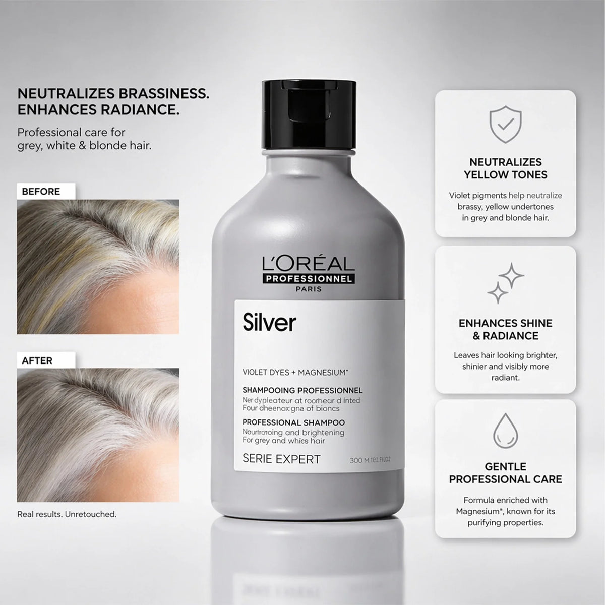 Loreal Professionnel Silver Shampoo 300ml antes y despues — neutraliza tonos amarillos brillo intenso cuidado profesional cabello gris blanco Panama