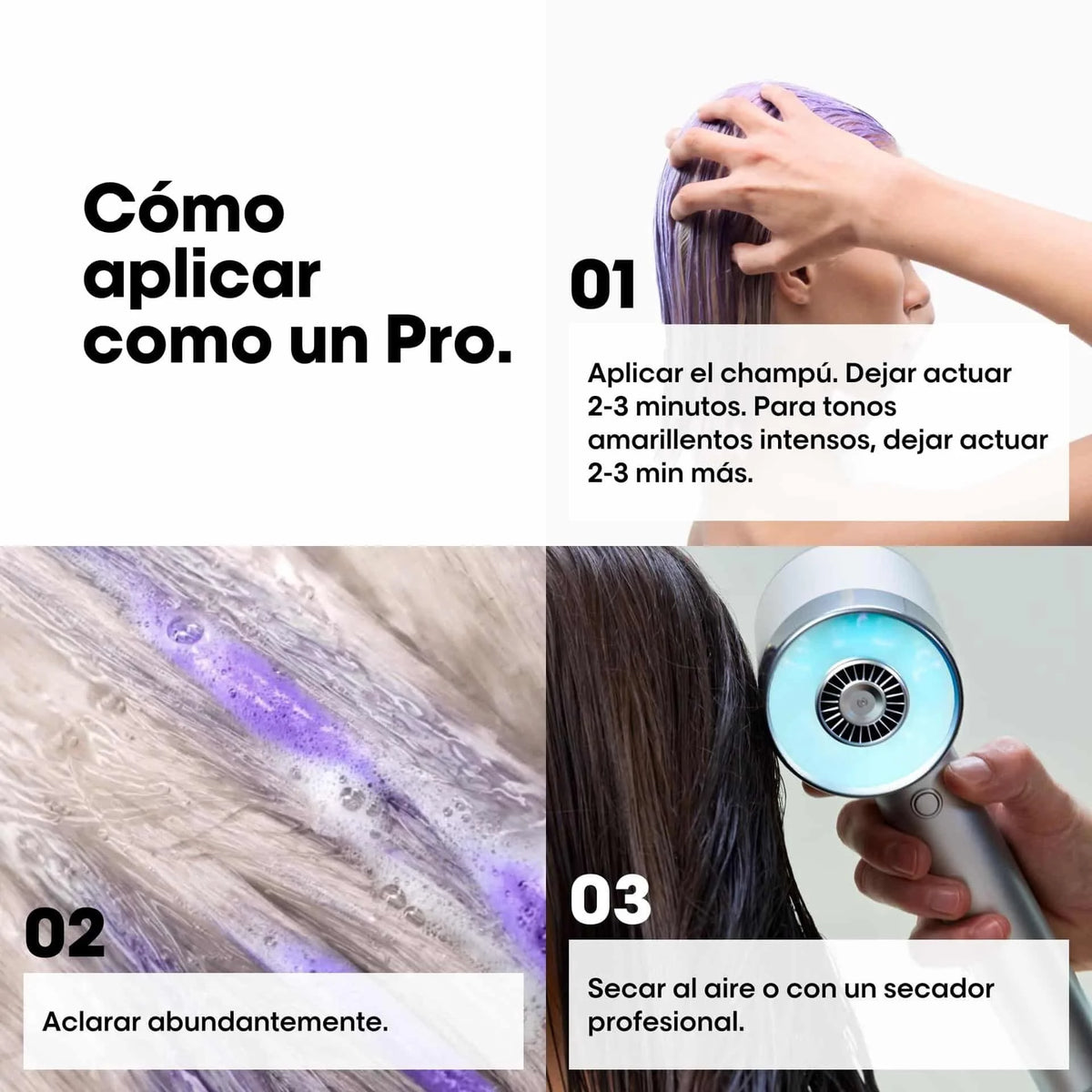 Como aplicar Loreal Professionnel Silver Shampoo 300ml — aplicar dejar actuar 2-3 minutos aclarar secar Serie Expert Panama