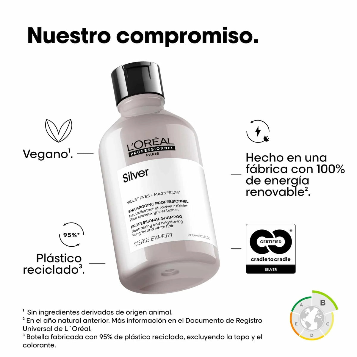 Loreal Professionnel Silver Shampoo 300ml vegano plastico reciclado 95% energia renovable 100% certificado Cradle to Cradle Serie Expert