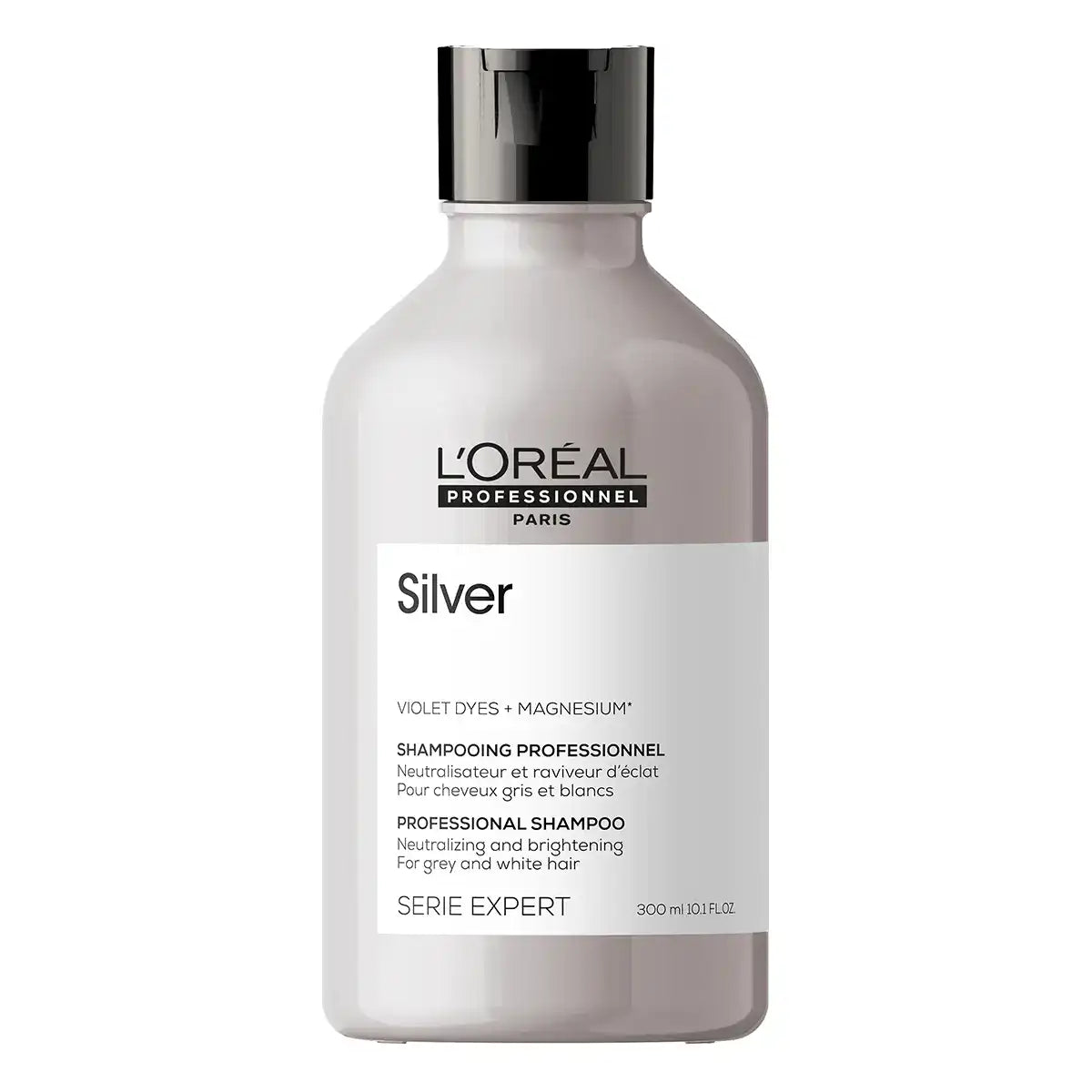 Loreal Professionnel Serie Expert Silver Shampoo 300ml — shampoo matizador neutraliza amarillo cabello blanco gris Violet Dyes Magnesium Majo Belleza Panama