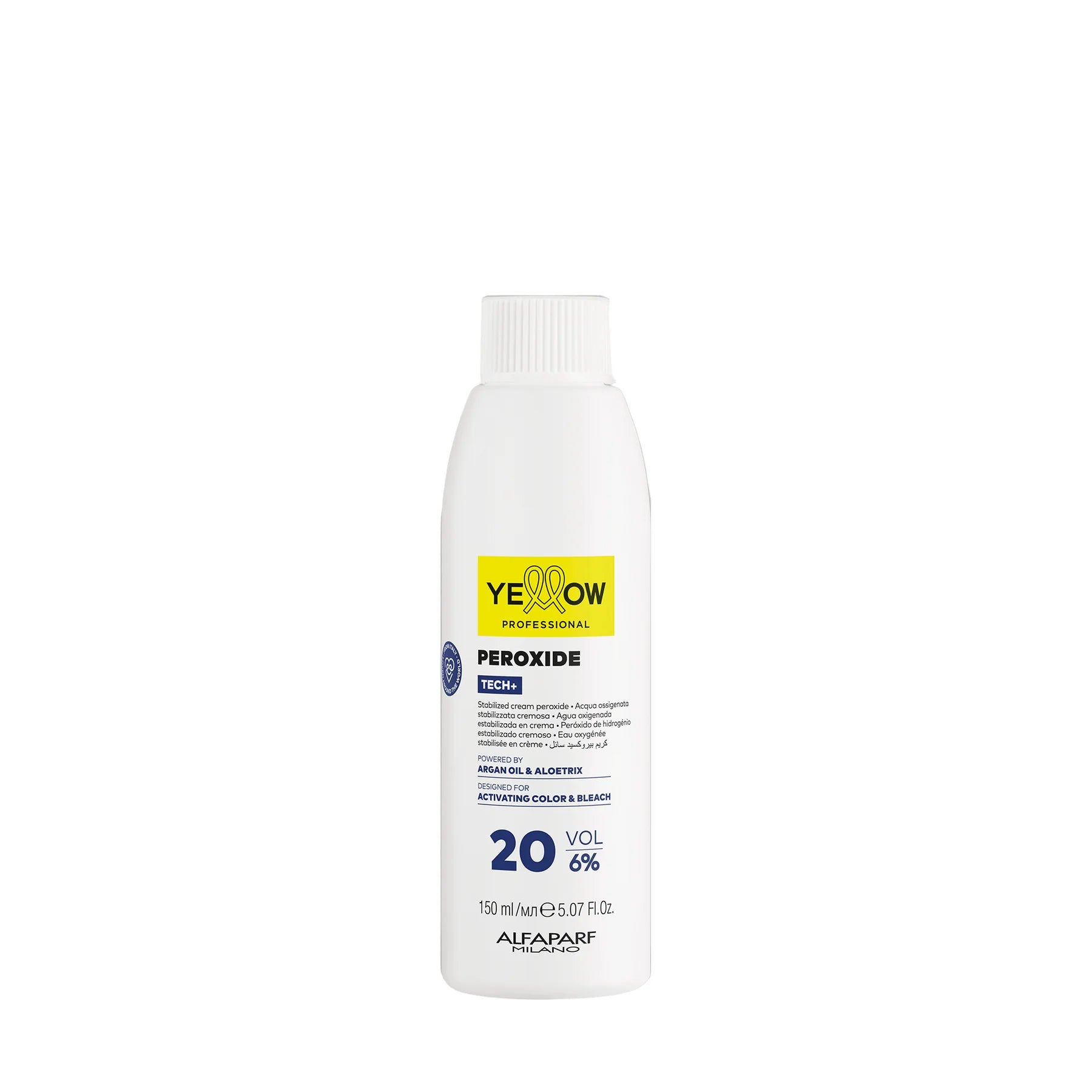 Botella oficial de Yellow Professional Color Peroxide 20 Vol 6% de 150ml enriquecida con aceite de argán en Majo Belleza Panamá.